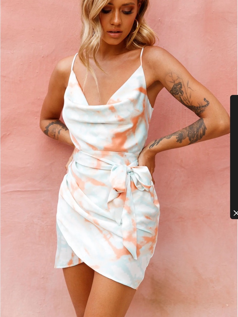 Selfie Leslie Peach & White Tie-Dye Cowl Neck Mini Dress